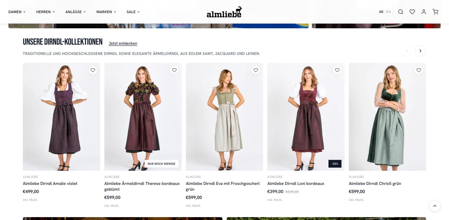 Almliebe dirndl collection slider with low-stock and sale labels