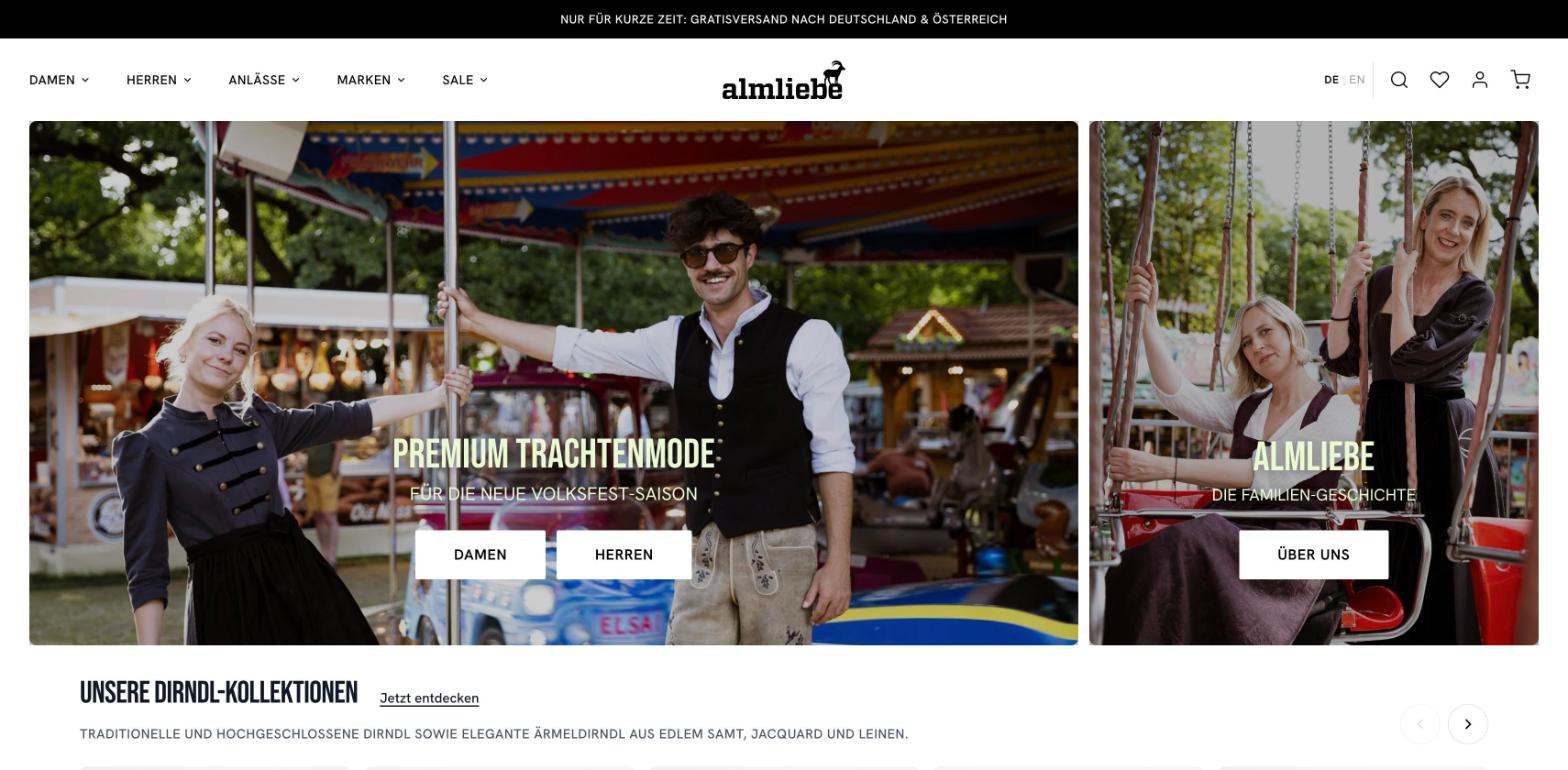 Almliebe homepage built by Akashdeep Kashhyap, with the Trachten hero and the main menu