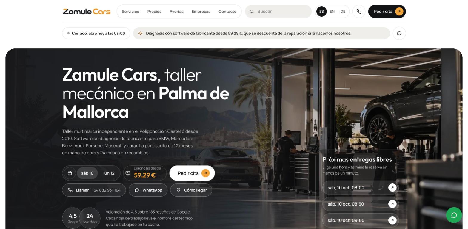 Zamule Cars homepage in Astro by Akashdeep Kashhyap, with booking and next free slots